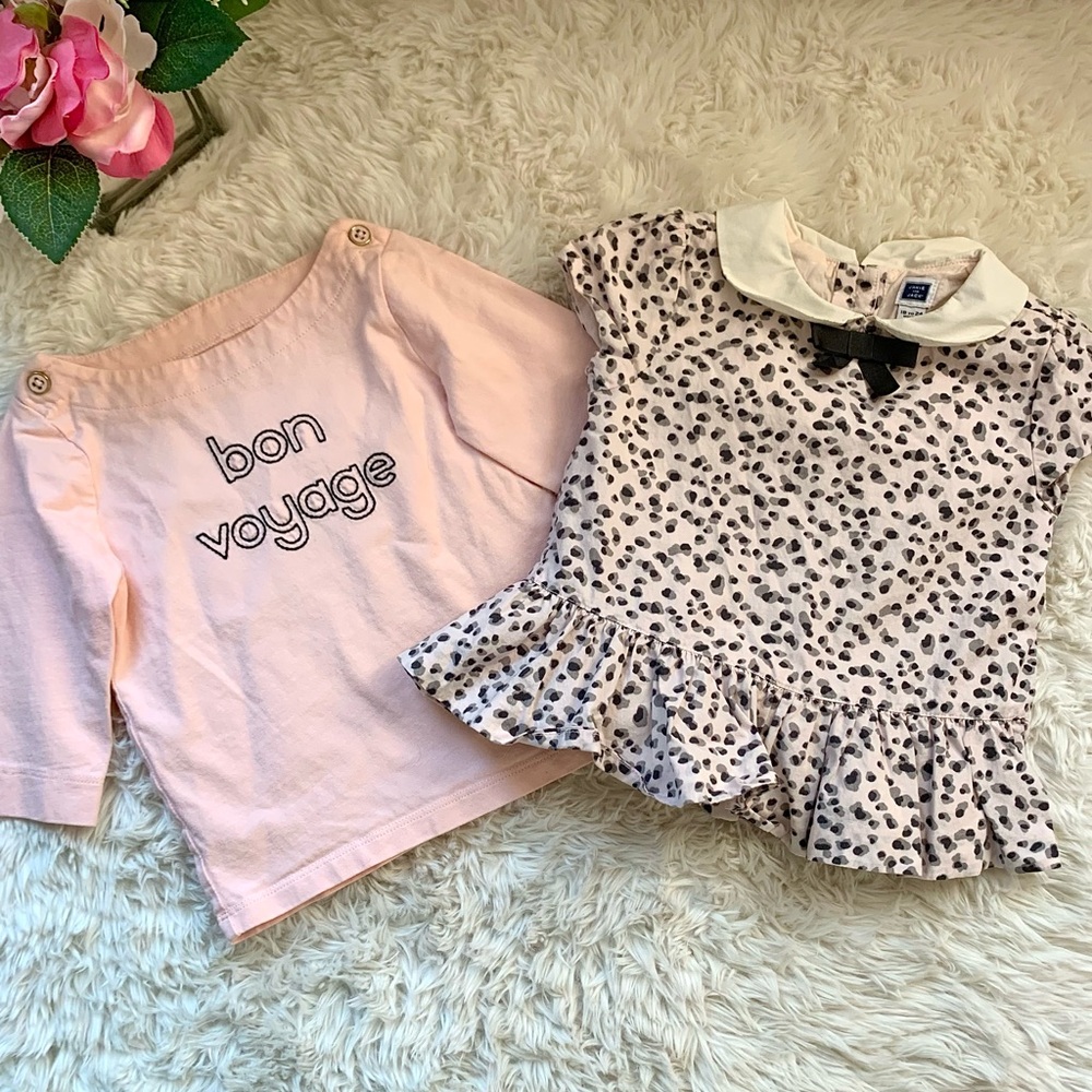 Janie & Jack Leopard Peplum Cotton Top & Pink Cotton Top 18M - 24M 2pc Bundle